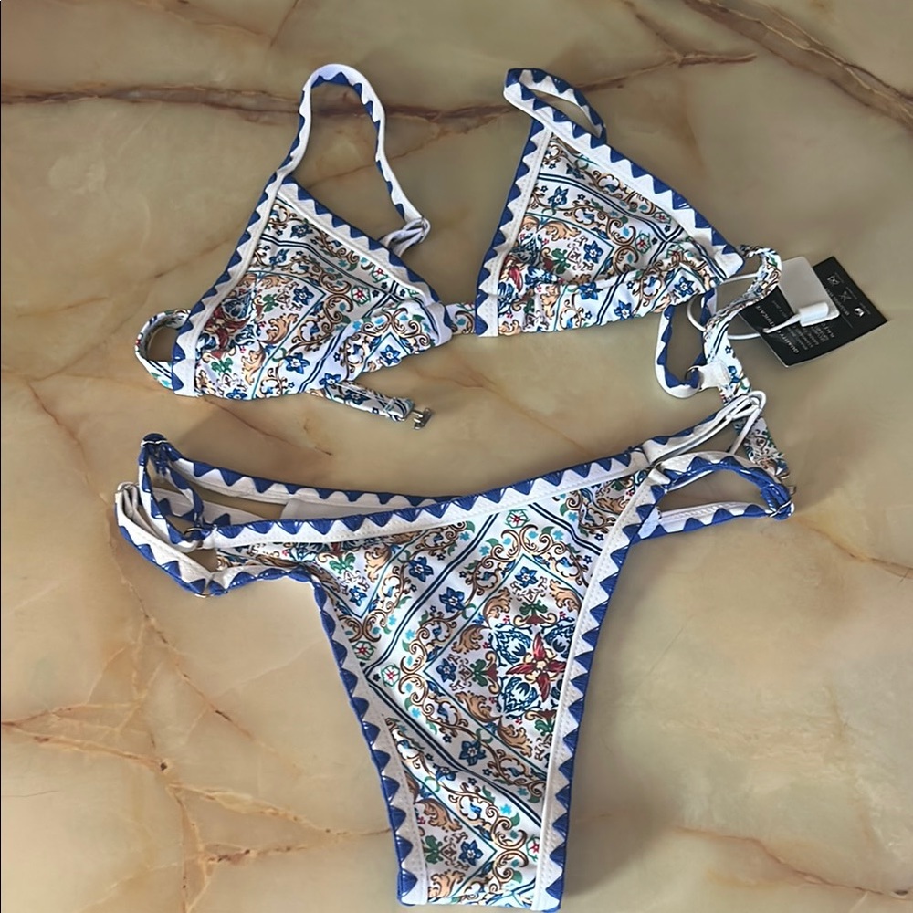 Patterned Bikini Set with Blue Accents